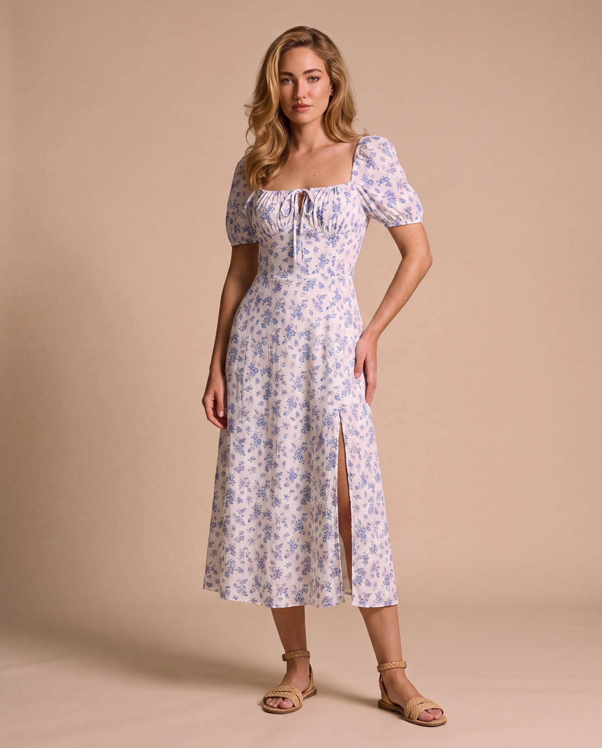 Floral Square Collar Summer Dress - front